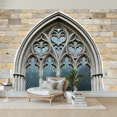 Peel and Stick Wallpaper 144" W x 100" H Modern Self Adhesive Wall Mural for Bedroom Gothic Church Window Ancient Arch Architecture Cathedral