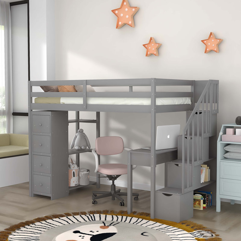 Lit mezzanine simple Putman avec bureau intégré, gris