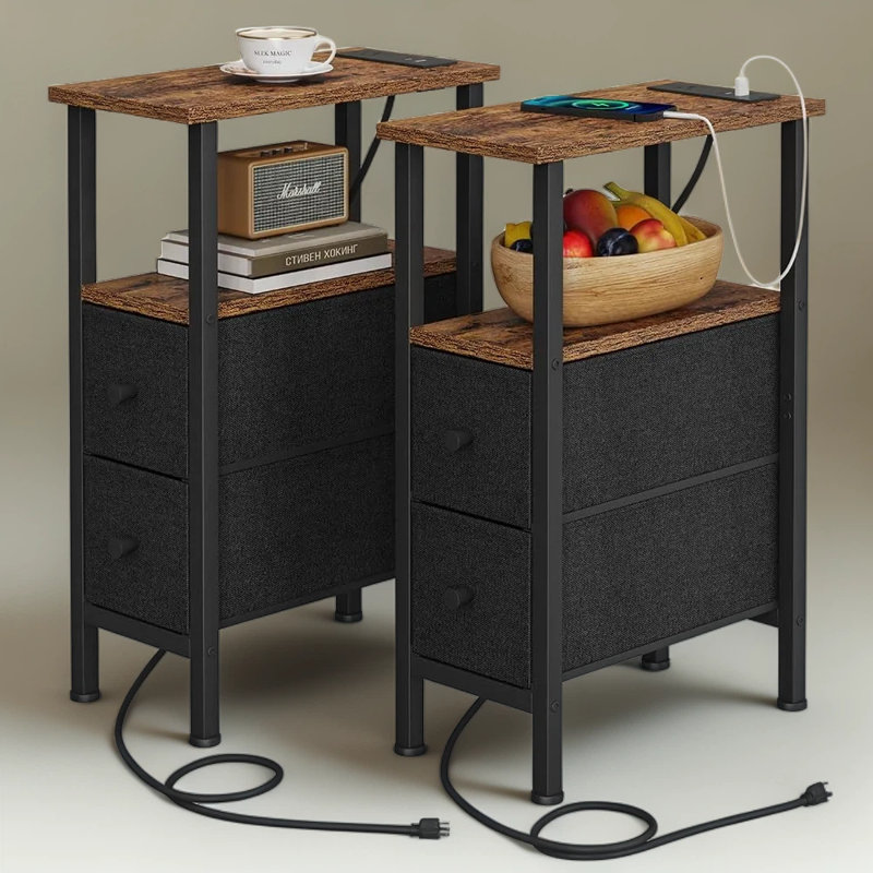 Table d'appoint mince avec station de charge, table de bout étroite avec 2 tiroirs et tablette ouverte, table de chevet peu encombrante avec ports USB et prise de courant pour petits espaces