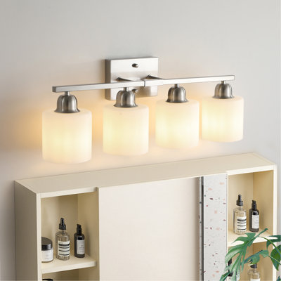 Luminaires de salle de bain en nickel brossé, miroir de meuble-lavabo moderne à 4 lumières, appliques murales avec abat-jour en verre givré blanc laiteux, douille E26 (ampoules non incluses)