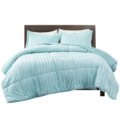 Édredon en fausse fourrure bleu sarcelle - taille double / grand, avec coussins assortis double / grand, taies décoratives chaudes