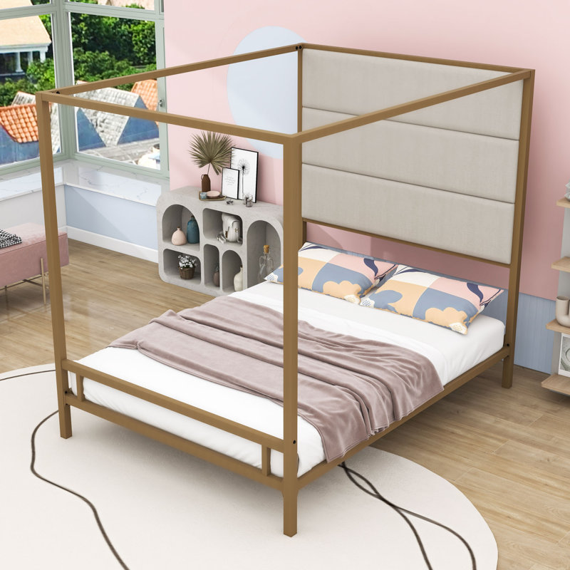  Metal Canopy Bed with Upholstered Headboard, Gold, Queen