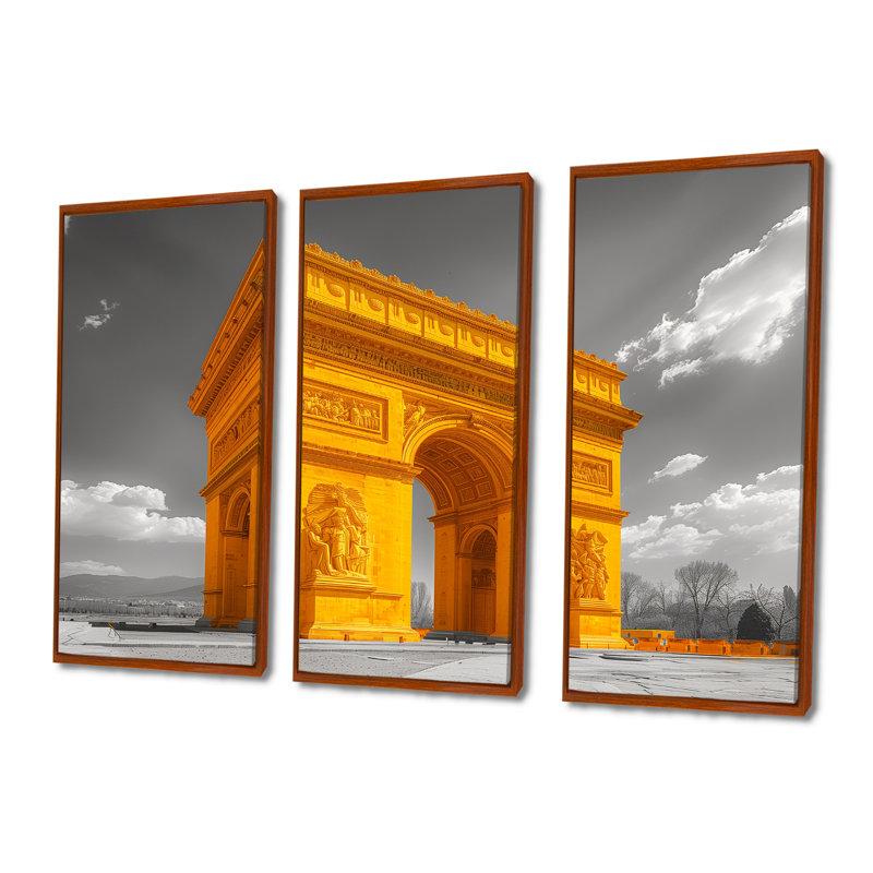Ensemble de décorations murales en pierre jaune et gris Monument Arc De Triomphe, Toile avec cadre flottant brun