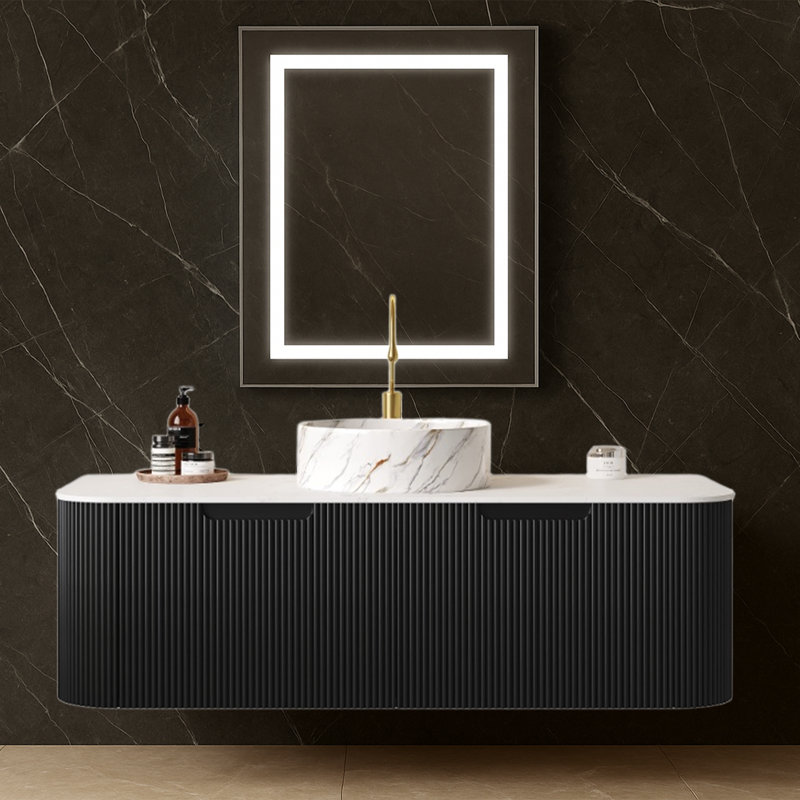 Meuble-lavabo mural 60 po avec lavabo rond en céramique, panneau mat 3D, tiroirs à fermeture en douceur et armoire pré-assemblée