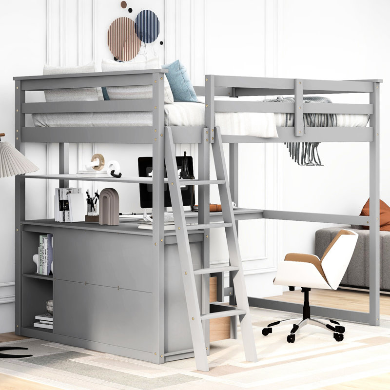 Lit mezzanine double gris avec configuration bureau et tablette - Bois de pin robuste pour une décoration de chambre à coucher