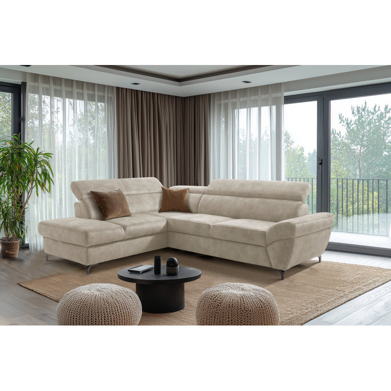 MONTANA Fabric Corner Sofa with Sleeping Function and Storage and Adjustable Headrests, Beige, Left Hand Facing