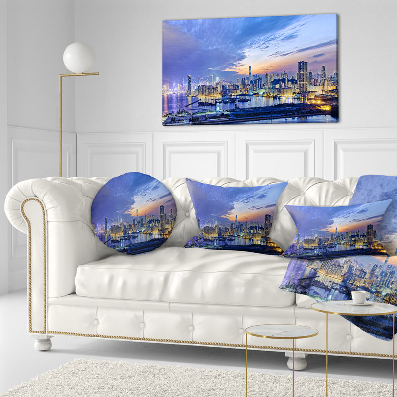 Vue du coucher du soleil de la ville de Hong-kong - oreiller imprimé paysage urbain, Rectangle 12"H x 20"W, Lumbar Pillow