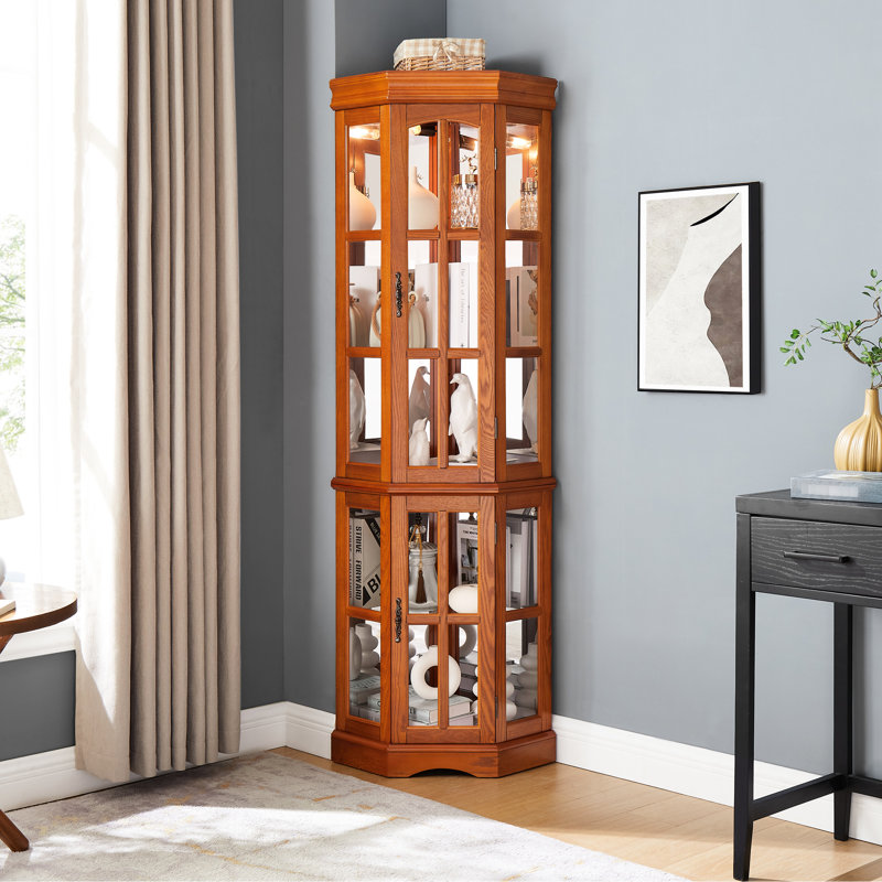 Armoire de coin en chêne avec 5 tablettes et fonction d'éclairage Curio à 5 tablettes, Chêne