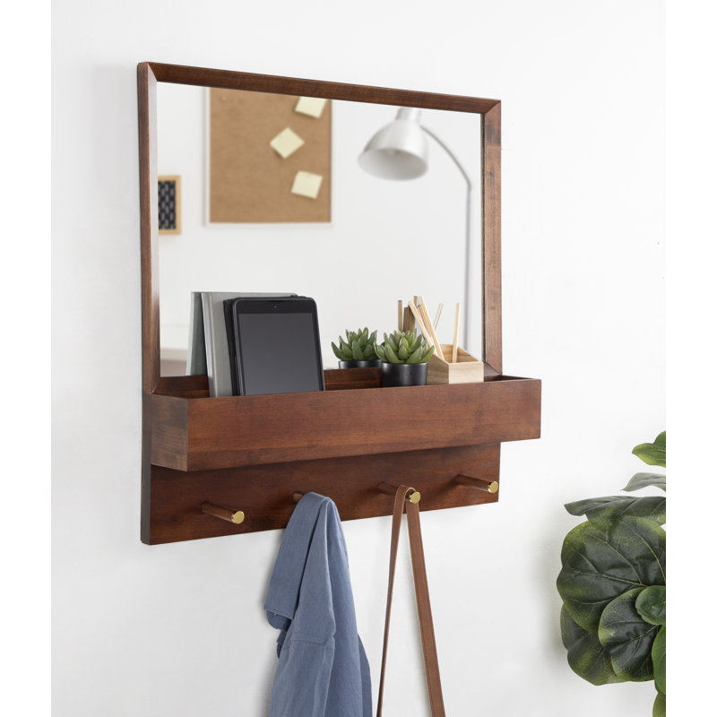 Jaela Wood Flat Mirror with Shelves, 24" x 24", Walnut Brown