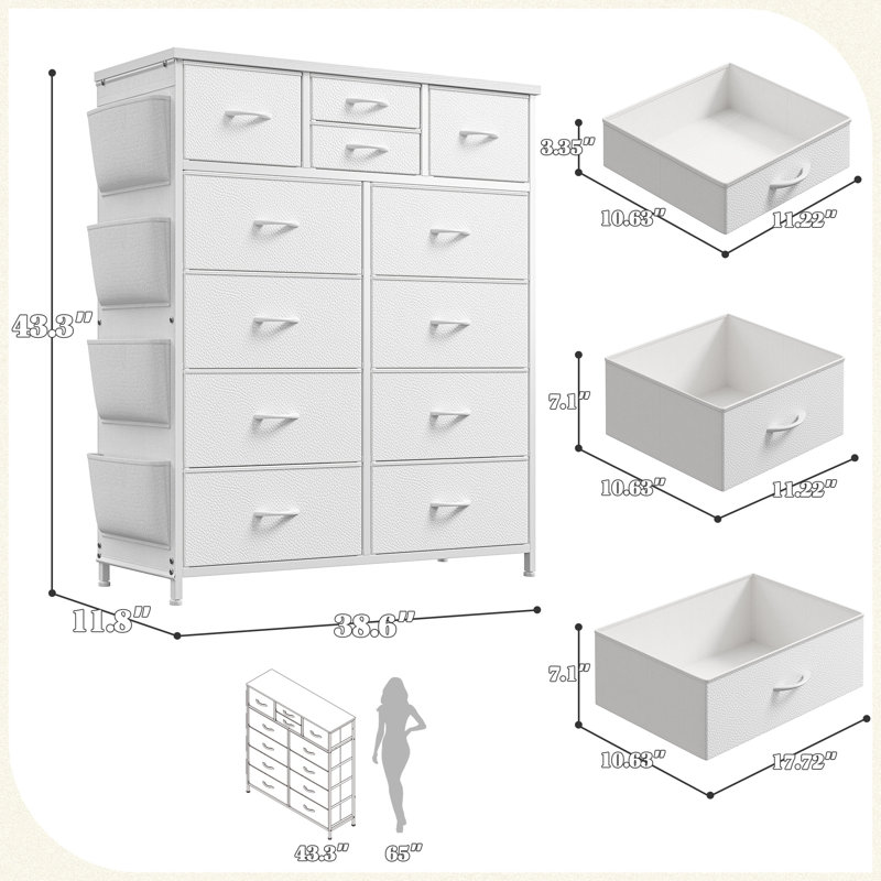 Dresser For Bedroom With 12 Drawers, Chest Of Drawers With 4 Side Pockets, White