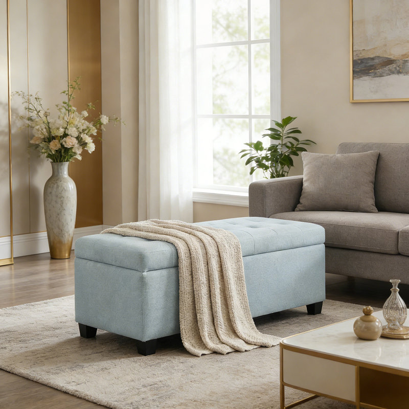 Banc de rangement rembourré Amalfi, 15,5 po H x 49,75 po L x 18,8 po P, Polyester bleu ciel