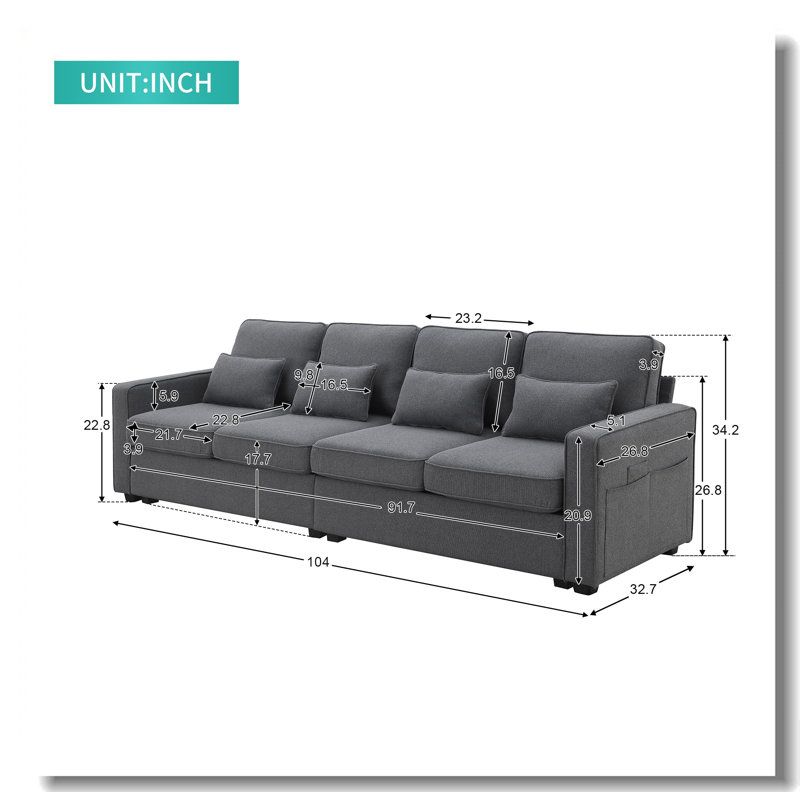 Canapé 104 po 4 places moderne en tissu de lin avec poches avec accoudoirs et 4 coussins, Lin gris