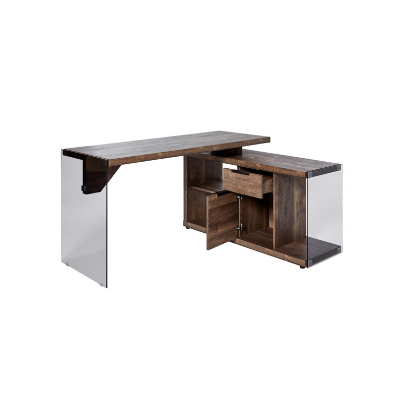 Beacon 55,83" L-Shaped Executive Desk with Glass Panel and Storage Cabinet, Brown/Black