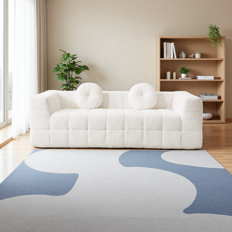 Canapé moderne de 84,6 pouces sans os avec deux coussins décoratifs circulaires, tissu en polyester à poils longs texturé litchi doux pour la peau et canapé en mousse à carreaux à trois places