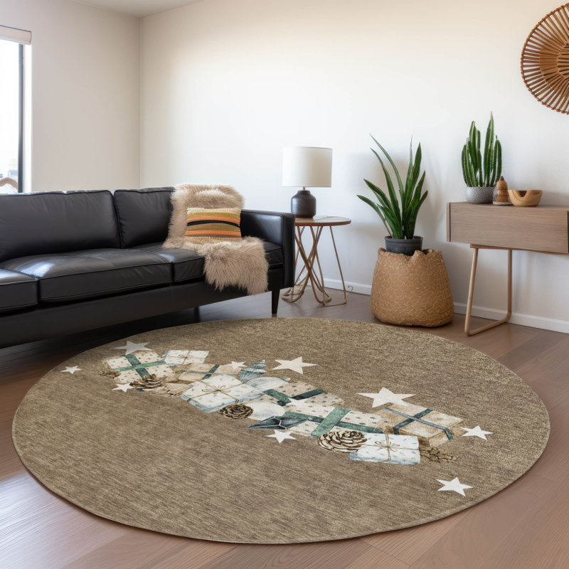 Machine Washable Indoor/Outdoor Christmas Presents Xhevrie Brown Rug, Round 8'