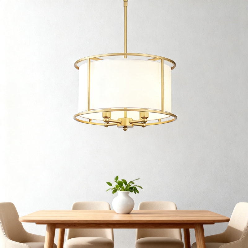 Lustre tambour Modern Farmhouse avec abat-jour en tissu blanc et cadre doré, luminaire suspendu à 4 lumières pour la salle à manger et le salon, hauteur de suspension réglable, compatible avec douille E12