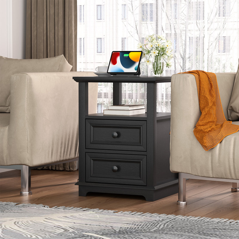 Bijal 24'' tall Tray Top Frame 2 - Drawer End Table and Built-In Outlets, Antique Black