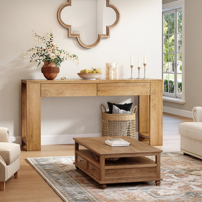 60 Inch Light Oak Console Table with 2 Drawers and Side Shelves, Farmhouse Entryway Sofa Table