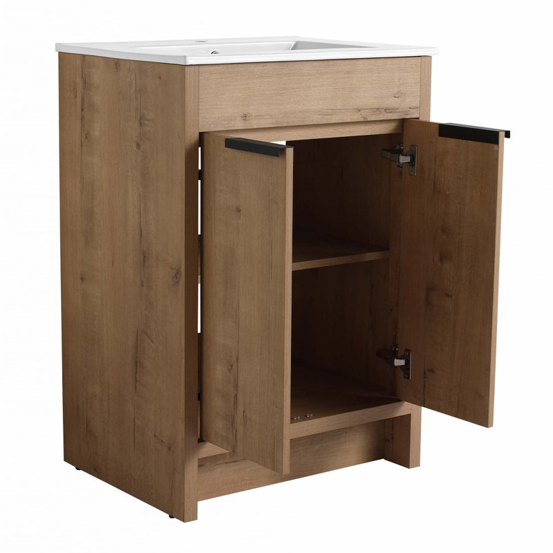 Meuble-lavabo autoportant avec lavabo en céramique, Chêne, Blanc, 24"