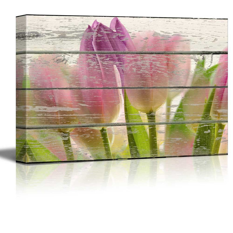 Art floral, tulipes roses, mauves et vertes, H 12 po x l 18 po