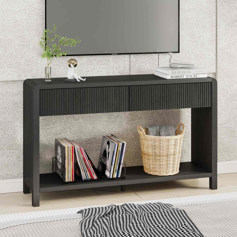 Guinna 2-Drawer Wood Console Table, Black Oak
