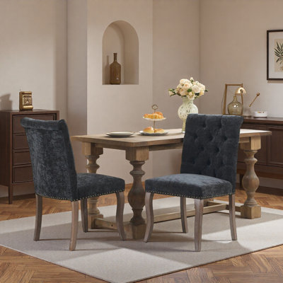 Ensemble de 2, chaise de salle à manger rembourrée en tissu de chenille, pieds courbés en bois massif, élégante chaise de salle à manger club de salle à manger capitonnée