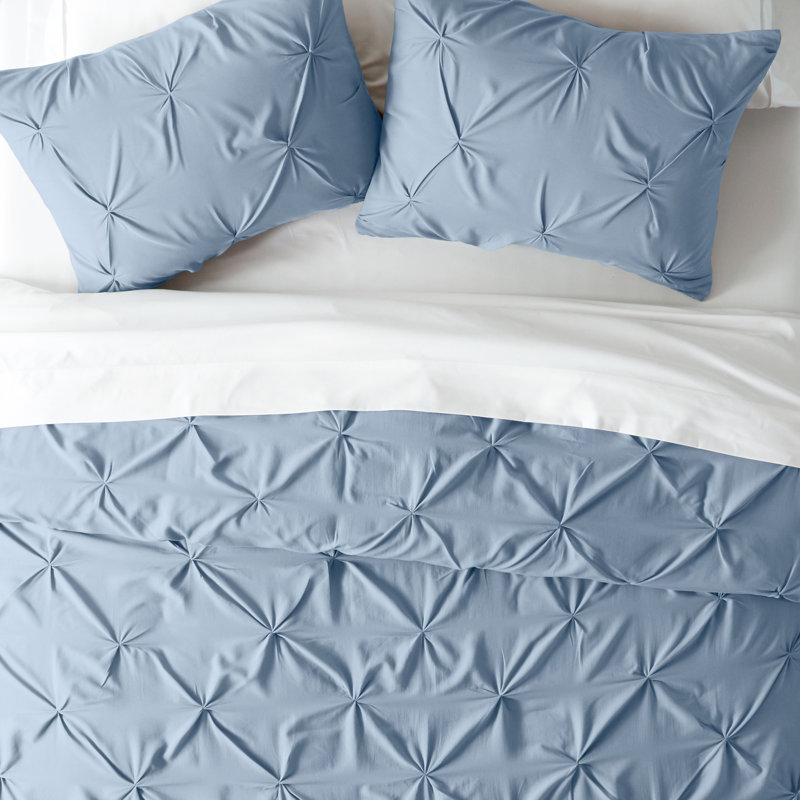 Pinch Pleat Textured Duvet Cover Set, King Duvet Cover + 2 Shams, Light Blue