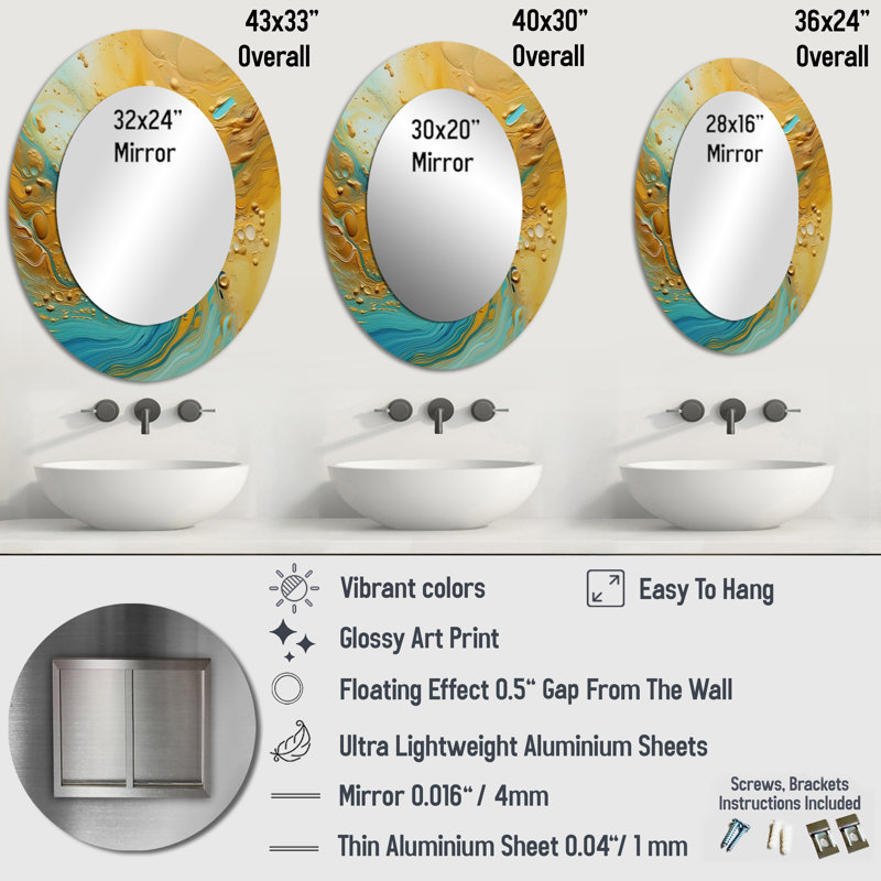 Golden Ocean Waves Turquoise Abstract VI - Modern Oval Wall Mirror, 36" x 24"