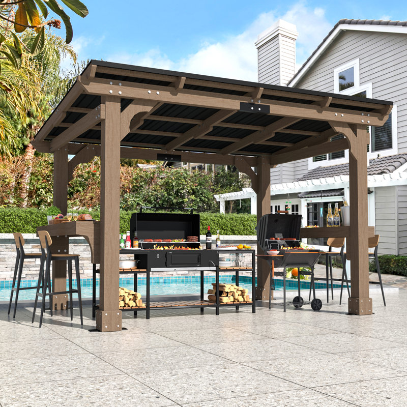 8 x 10 ft Solid Wood Grill Gazebo, Carport Gazebo with Hardtop Steel Roof, 10 ft x 8 ft