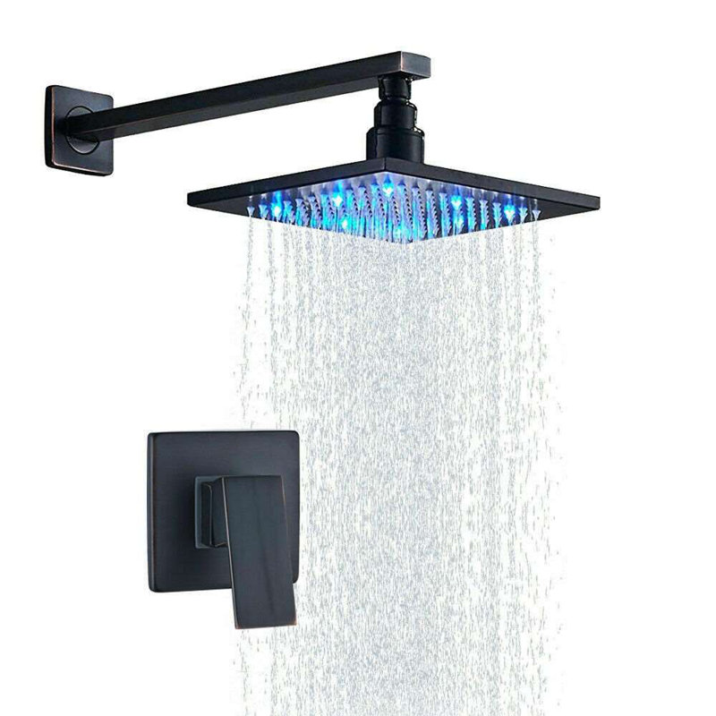 FontanaShowers Matte Black 12" Inch Rain Shower Set with LED Color Wall Mounted Brass Construction Shower Head