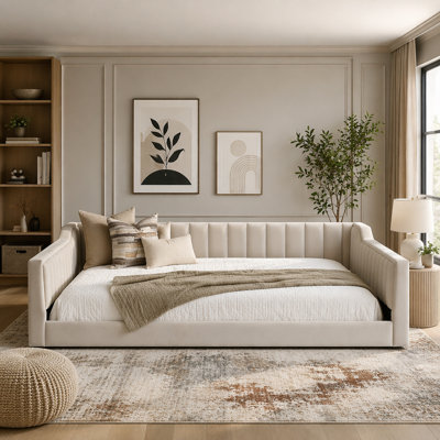 Full XL Size Velvet Upholstered Daybed, Beige