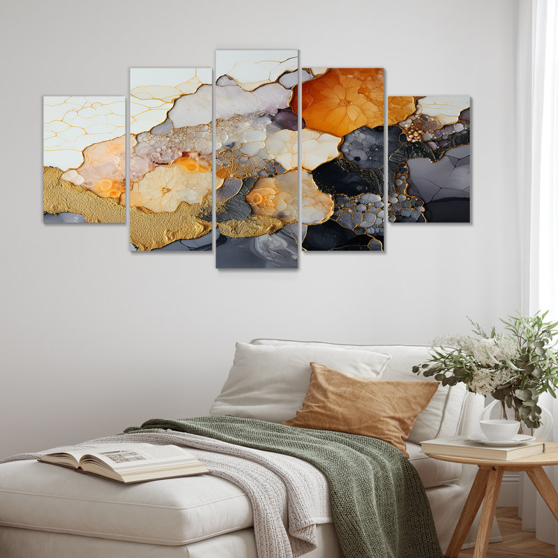 Impression sur pierre argentée et dorée - toile d'art en marbre 5 pièces, H 32 po x l 60 po