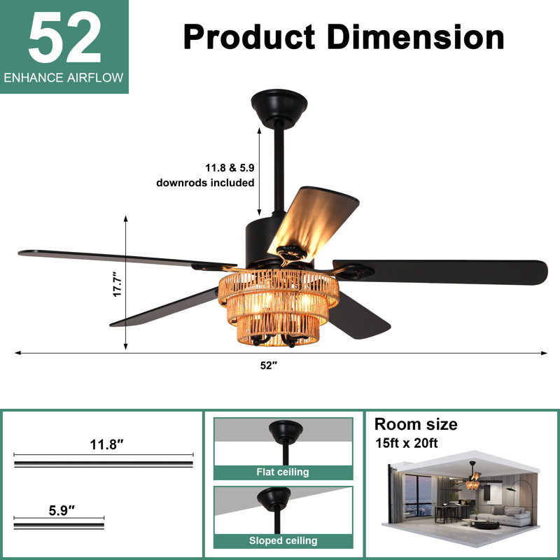 52 Inch Farmhouse Black Chandelier Ceiling Fan With Light And Remote Control, Boho Caged 6 Speeds DC Motor Tri-Layer Ceiling Fan