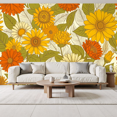 Papier peint adhésif nature rétro floral jaune orange grandes fleurs jaunes fleurs d'oranger H 69 po x l 96 po amovible papier adhésif mural en PVC pour chambre à coucher salon bureau à domicile