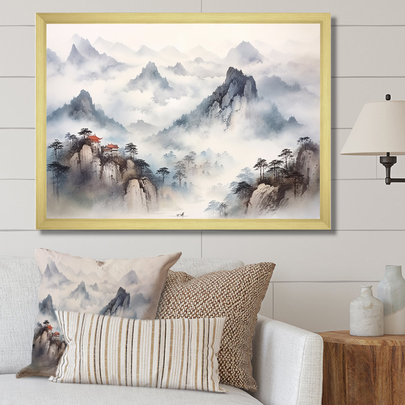 «Gray River China Landscape III», art mural Chine, Cadre flottant brun, H 32 po x l 16 po x P 1 po