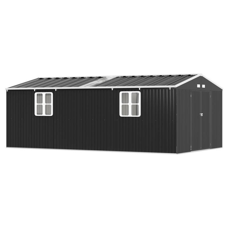 12′ × 20′ × 6′ Metal Storage Shed With Clear Panels, Double Hinged Doors, Windows & Vents — Reinforced Steel Frame, Dark Gray
