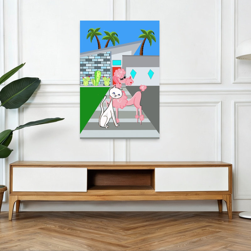 Reproduction d'art mural de style Mid-Century caniche et chat moderne ludique rétro palmier chat, 48" H x 32" W