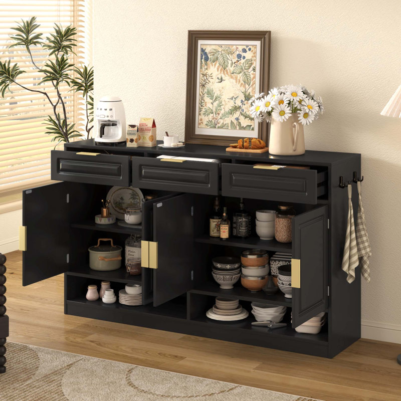 Buffet Farmhouse avec 3 tiroirs et 4 portes, Noir