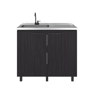 Napoles Utility Sink Complete with Faucet, Freestanding Base with Legs and Deep Stainless Steel Basin, Modern Multi-Purpose Sink for Kitchen, Laundry or Utility Room, Black + Dark Walnut