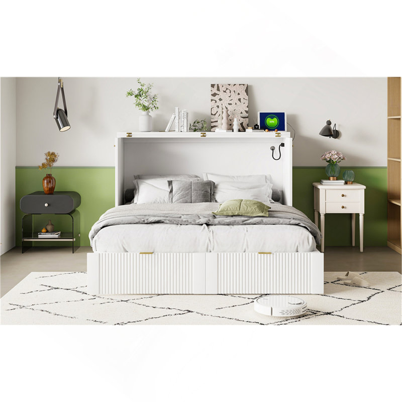 Full Size Murphy Bed  With Drawer And A Set Of Sockets & USB Ports, Pulley Structure Design, White, Full