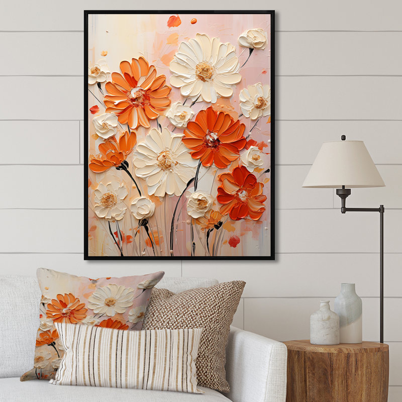 Art mural orange et beige Fiery Blooms 2 - souci, Cadre flottant noir, H 32 po x l 16 po