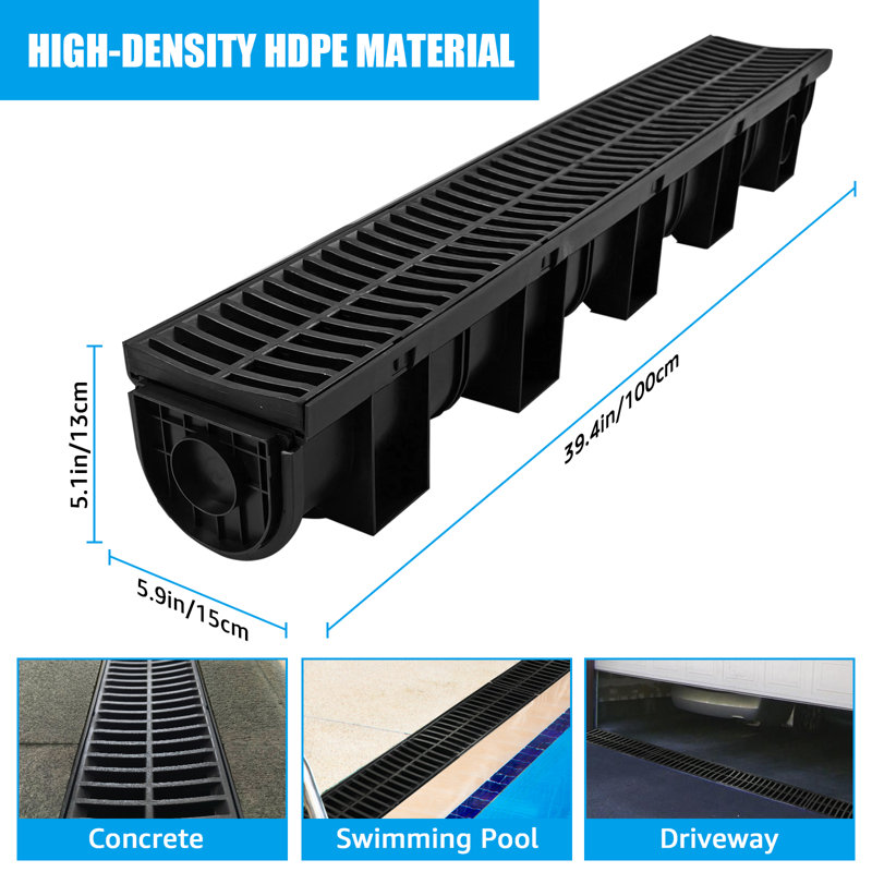 Ensemble de 6 drains noirs Hdpe - 5,9 x 5,1 x 39,4 pouces pour patio et trottoir