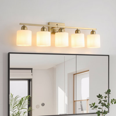 Gold For Bathroom Use Light Fixture, 5-Light Configuration Modern Style Vanity Light Fixture For Over Mirror Placement, With Wall Sconce Installation With Milky White Frosted Glass Material Shades, E26 Socket