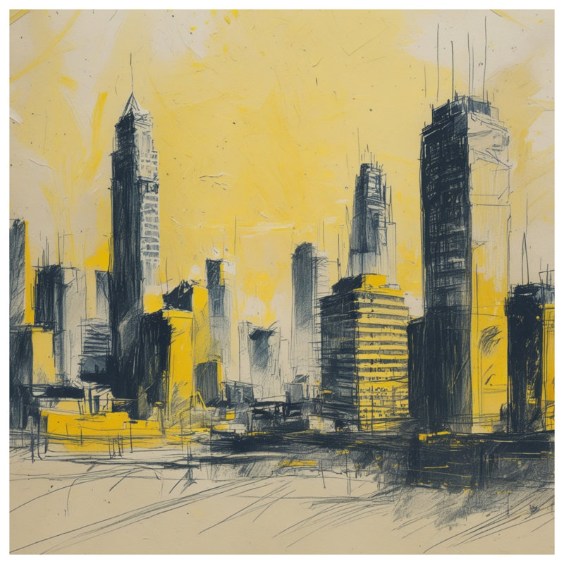 Yellow Cityscape Sketch Comforter, Queen