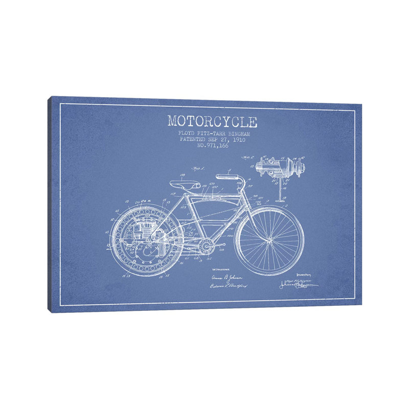 Floyd Bingham Motorcycle Patent Sketch (Light Blue) 1 Piece Wrapped Canvas Wall Art, 66.04 cm H x 45.72 cm W x 1.91 cm D