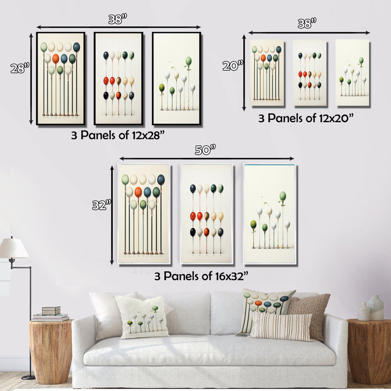 Minimalisme, jeu de tees de golf - ensemble d'art mural de golf 3 pièces, H 40 po x l 60 po, Toile tendue