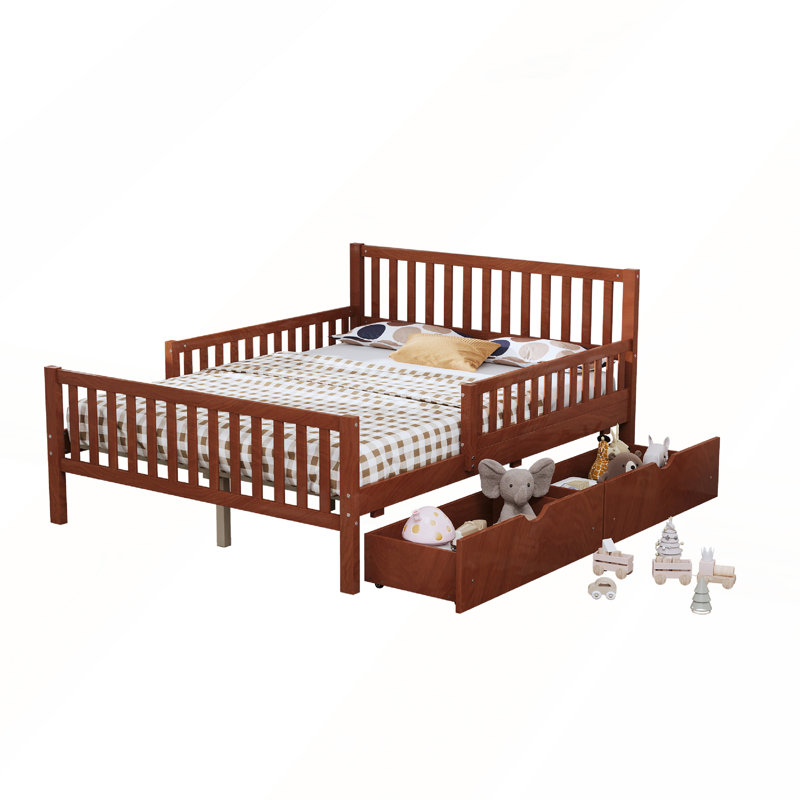 Full Size Wood Platform Bed with Guardrails and Storage Drawers for Safety and Organization, Walnut