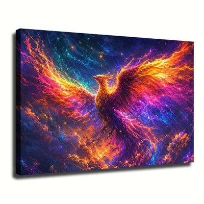 Radiant Phoenix Bird With Blazing Colorful Nebula Wings, Mythical Fire Bird Canvas Wall Art For Office And Living Room Decor