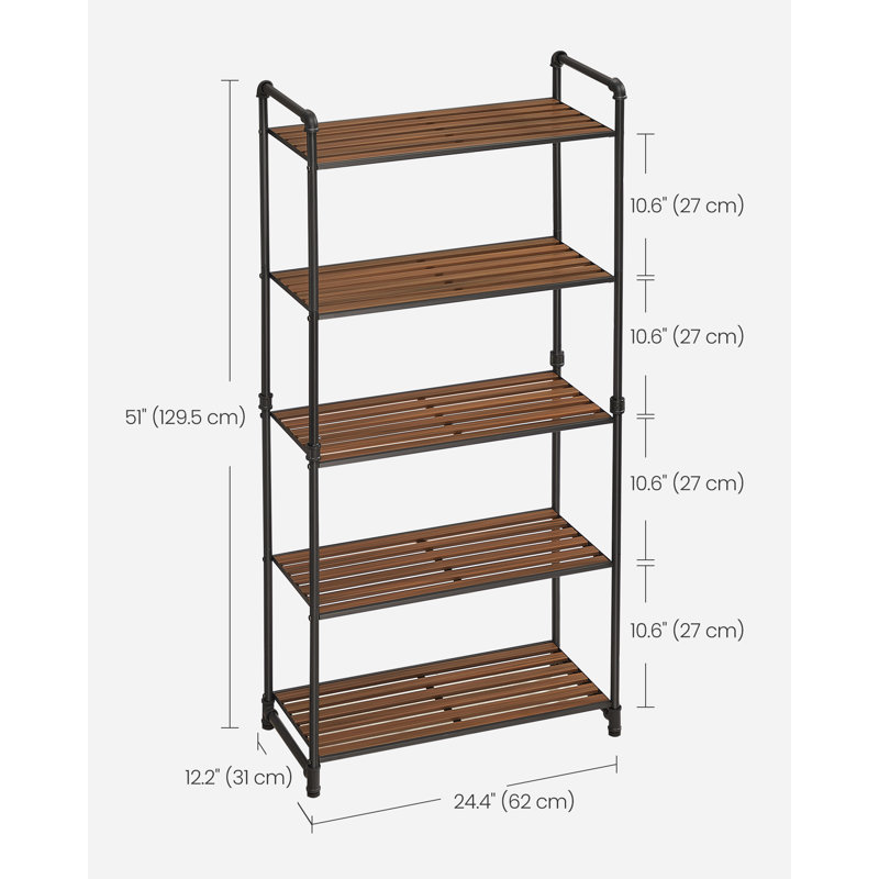 Aliha 129.5cm H Metal Standard Bookcase, Brown/Black, (5 Shelves) 129.5cm H x 62cm W x 31cm D