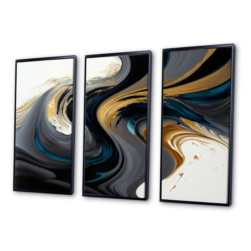 Noir, blanc et or liquide Art IV - ensemble d'art mural moderne sur toile, H 32 po x l 48 po x P 1 po, Cadre noir